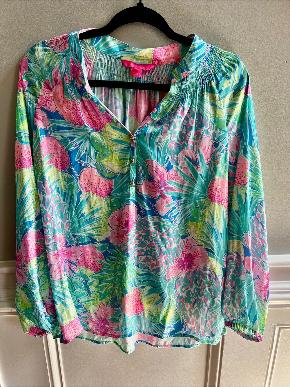 Lilly Pulitzer Small Tropical Floral Print Long Sleeve Popover Blouse 100% Silk